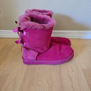 UGG Australia Bailey Bow Fuchsia Pink Textured Shearling Boots 1007526 Womens 7